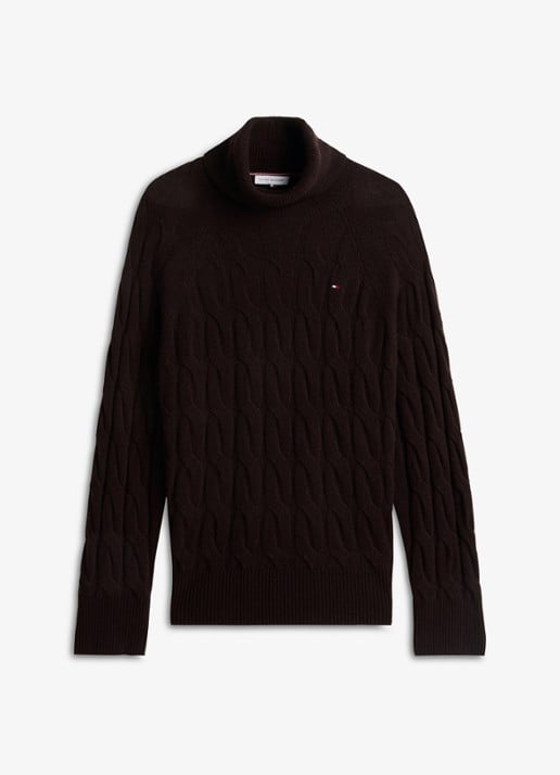 Tommy Hilfiger Trui van wol met col  - voorkant donkerbruin