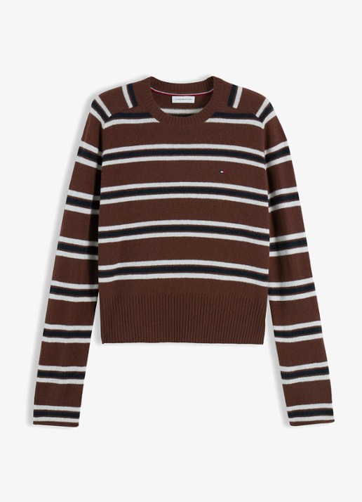 Tommy Hilfiger Trui van wol met streepdessin  - voorkant 4 bruin