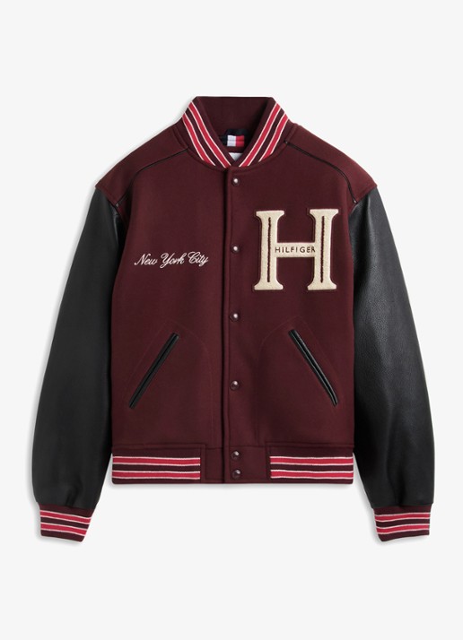 Tommy Hilfiger Varsity baseball jack in kasjmierblend  - voorkant 6 bordeauxrood