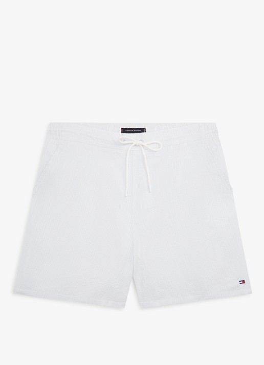 Tommy Hilfiger Zwemshorts met streepprint en logo - voorkant lichtblauw