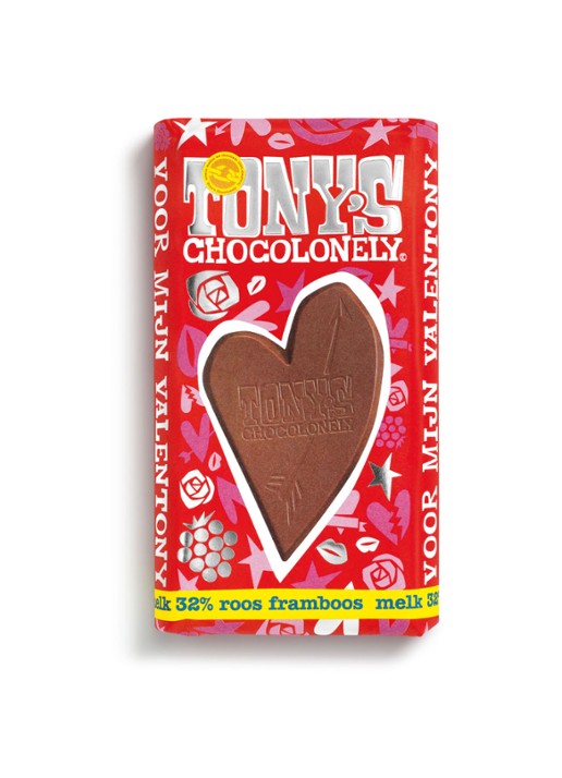 Tony's Chocolonely Valentony Melk Roos Framboos chocoladereep 180 gram - voorkant undefined