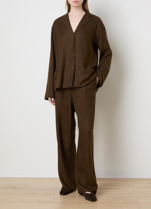 TOTEME High waist loose fit pantalon met logoborduring - voorkant 2 donkerbruin
