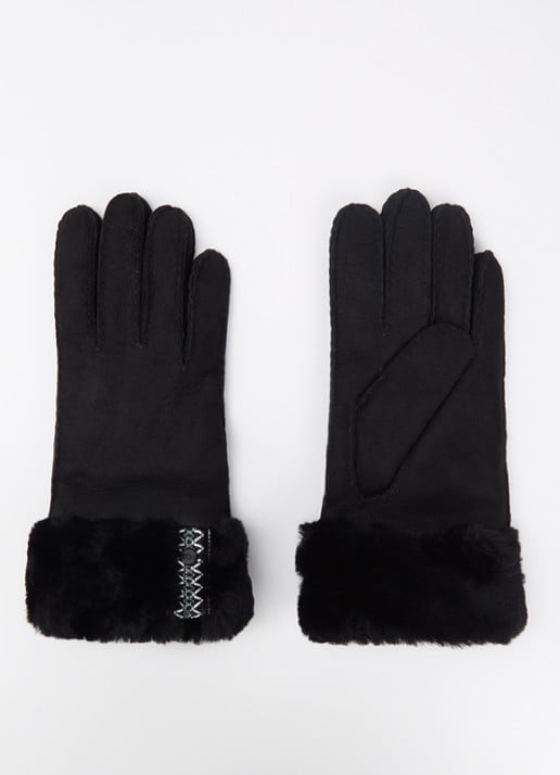UGG Braid handschoenen van suède met schapenvacht - voorkant zwart
