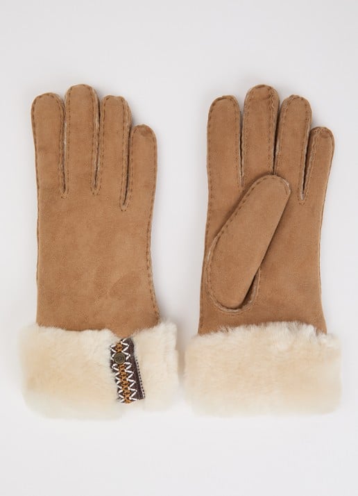 UGG Braid handschoenen van suède met schapenvacht - voorkant camel