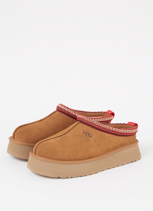 UGG Tazz instapper van suède met schapenvacht - detail 2 kastanjebruin