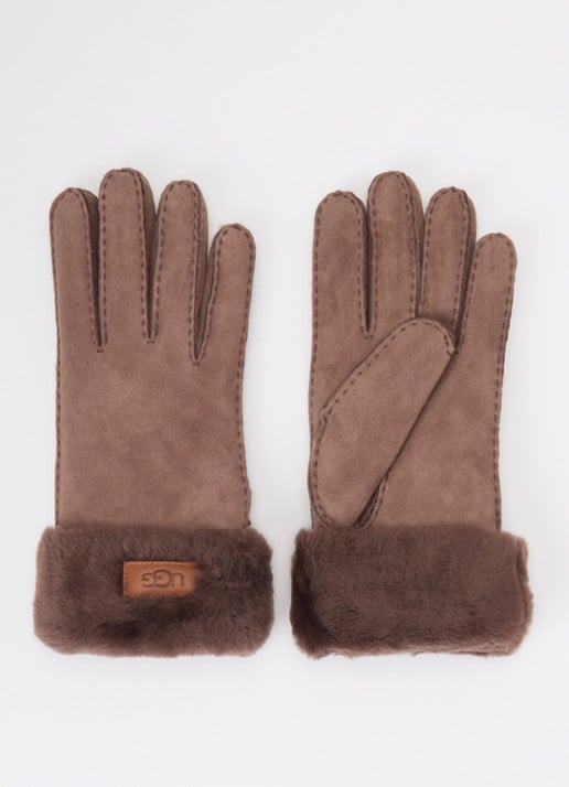 UGG Turn Cuff handschoenen van suède met schapenvacht - voorkant bruin