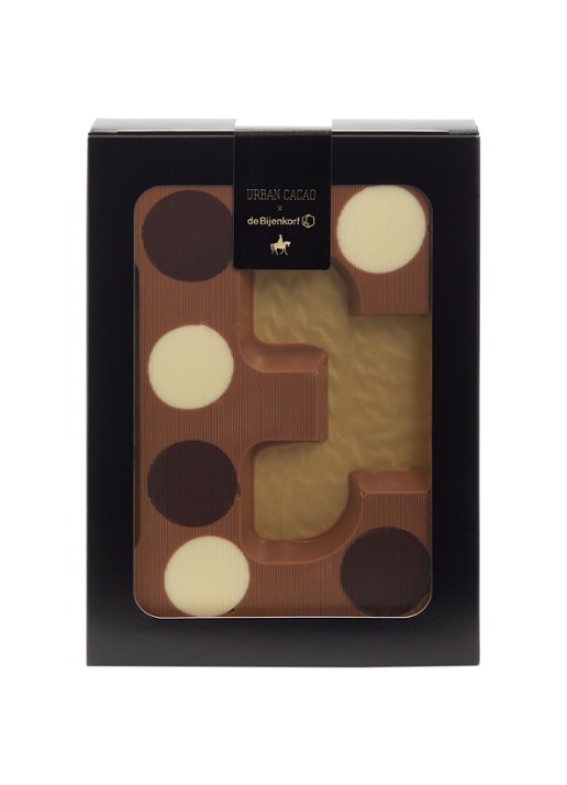 Urban Cacao Melk chocoladeletter gevlekt 200 gram - voorkant e