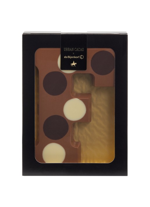 Urban Cacao Melk chocoladeletter gevlekt 200 gram - voorkant f