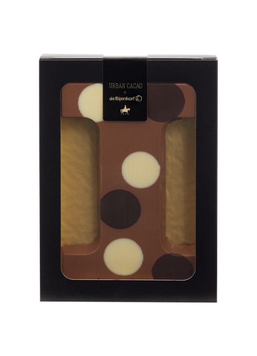Urban Cacao Melk chocoladeletter gevlekt 200 gram - voorkant i