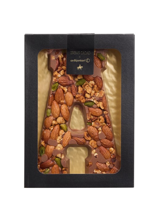 Urban Cacao Melk chocoladeletter met noten 180 gram - voorkant 2 a