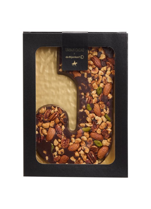 Urban Cacao Pure chocoladeletter met noten 180 gram - voorkant j