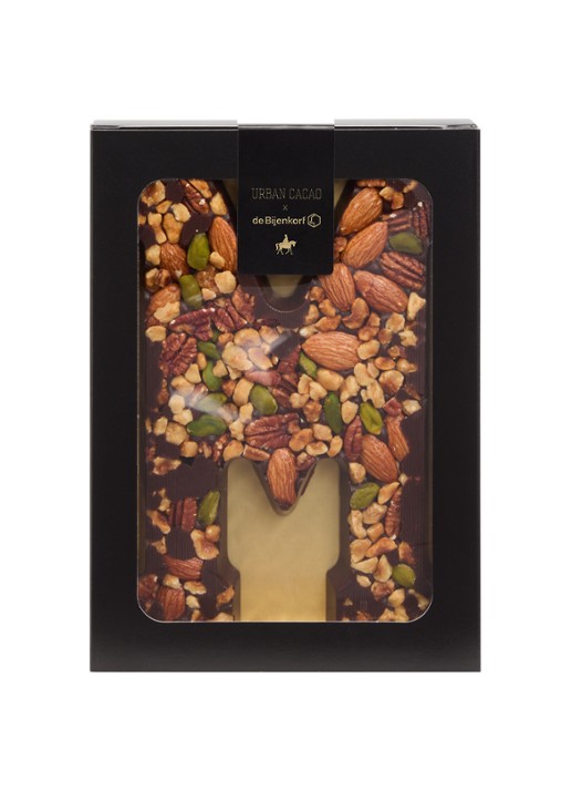 Urban Cacao Pure chocoladeletter met noten 180 gram - voorkant m
