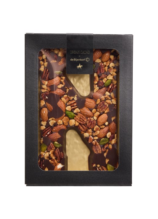 Urban Cacao Pure chocoladeletter met noten 180 gram - voorkant n