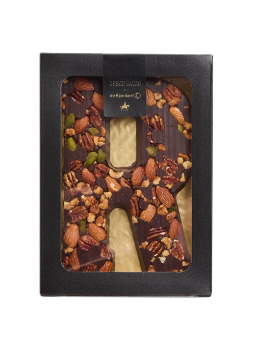 Urban Cacao Pure chocoladeletter met noten 180 gram - voorkant r