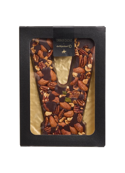 Urban Cacao Pure chocoladeletter met noten 180 gram - voorkant v