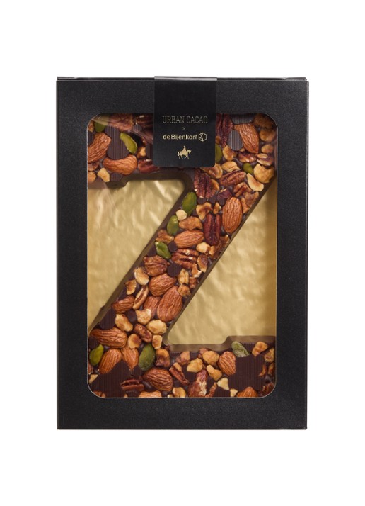 Urban Cacao Pure chocoladeletter met noten 180 gram - voorkant z