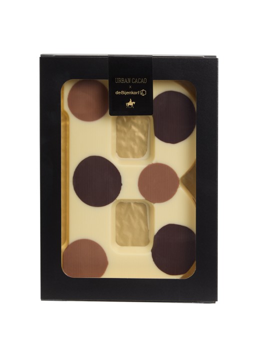 Urban Cacao Witte chocoladeletter gevlekt 200 gram - voorkant b