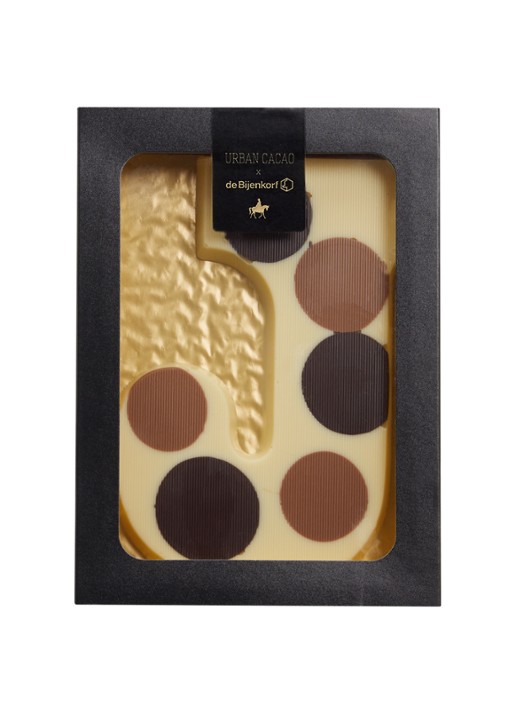 Urban Cacao Witte chocoladeletter gevlekt 200 gram - voorkant j