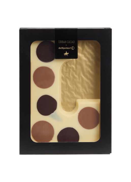 Urban Cacao Witte chocoladeletter gevlekt 200 gram - voorkant l