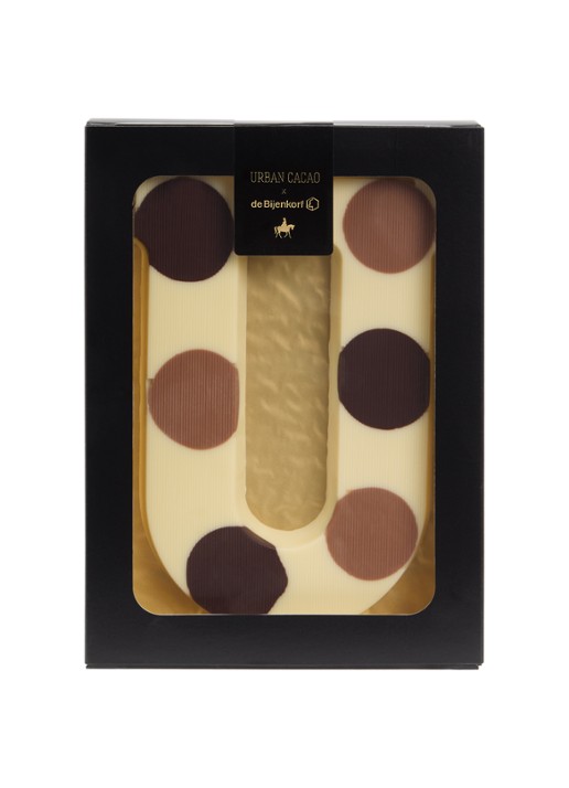 Urban Cacao Witte chocoladeletter gevlekt 200 gram - voorkant u