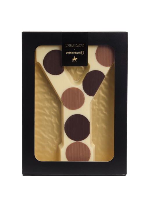 Urban Cacao Witte chocoladeletter gevlekt 200 gram - voorkant y