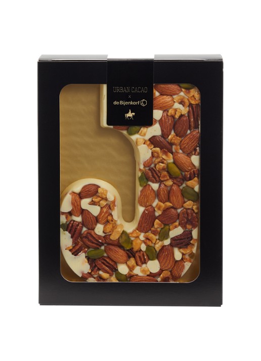 Urban Cacao Witte chocoladeletter met noten 180 gram - voorkant j