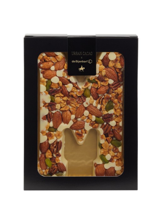 Urban Cacao Witte chocoladeletter met noten 180 gram - voorkant m