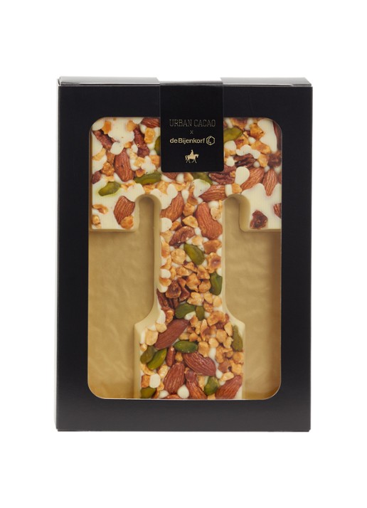 Urban Cacao Witte chocoladeletter met noten 180 gram - voorkant t