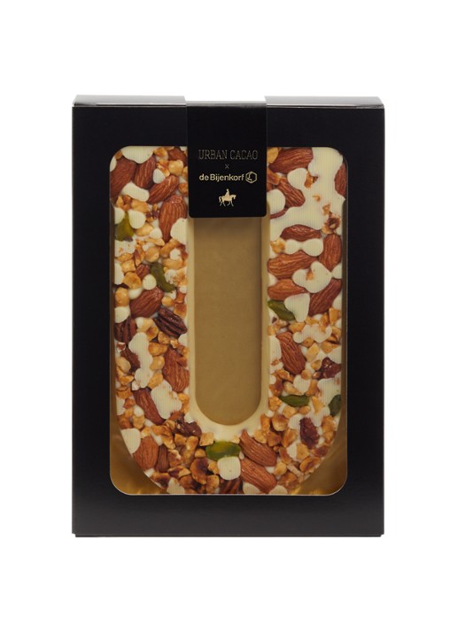 Urban Cacao Witte chocoladeletter met noten 180 gram - voorkant u