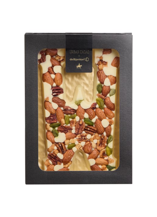Urban Cacao Witte chocoladeletter met noten 180 gram - voorkant w