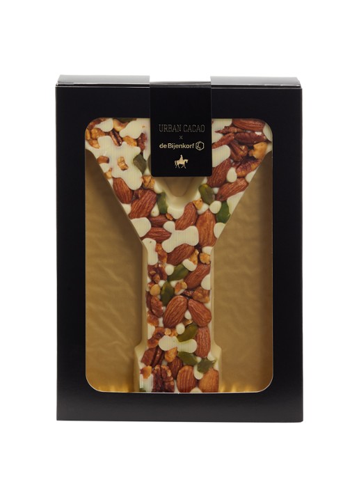 Urban Cacao Witte chocoladeletter met noten 180 gram - voorkant y