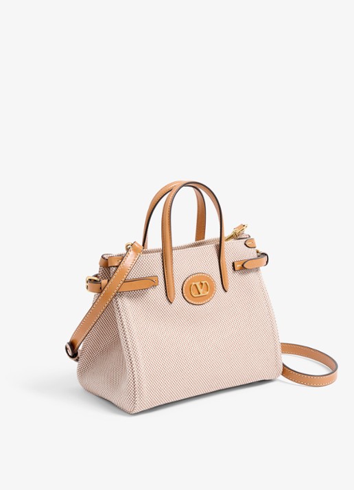 Valentino Garavani Antibes Small shopper van canvas met leren details - detail camel