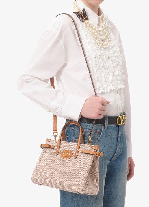 Valentino Garavani Antibes Small shopper van canvas met leren details - detail 5 camel