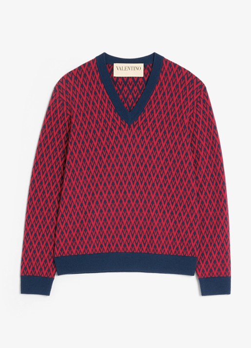 Valentino Garavani Fijngebreide pullover van scheerwol met ingebreid patroon - voorkant 6 donkerrood