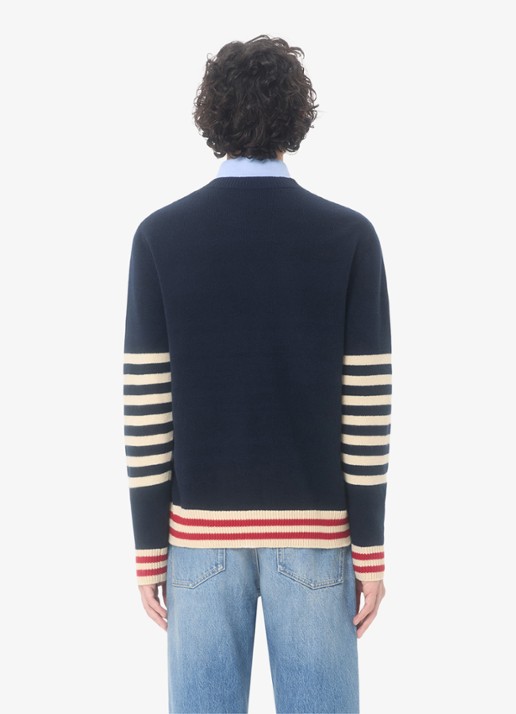 Valentino Garavani Fijngebreide pullover van scheerwol met streepprint - achterkant donkerblauw