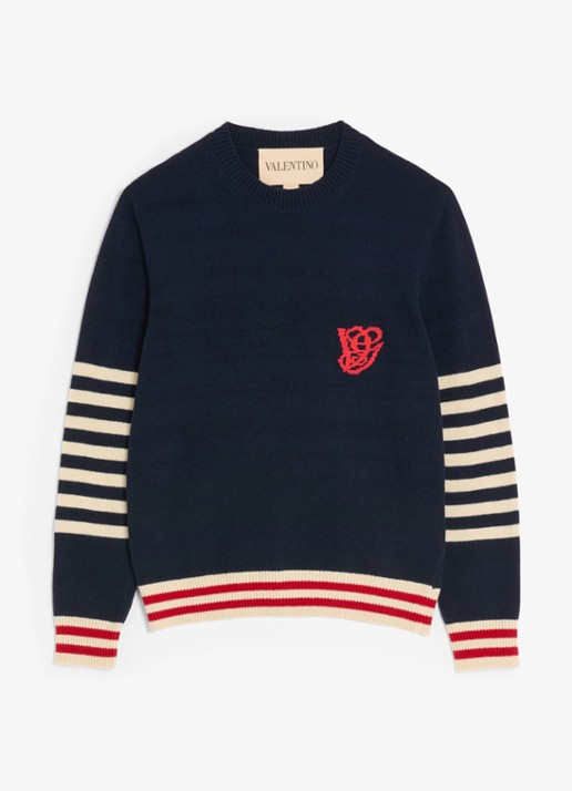 Valentino Garavani Fijngebreide pullover van scheerwol met streepprint - voorkant 6 donkerblauw