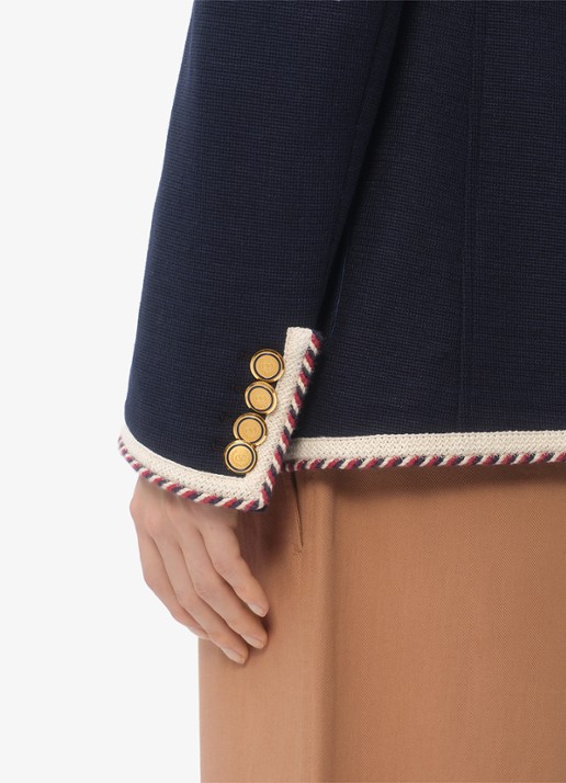 Valentino Garavani Fijngebreide regular fit colbert in linnenblend met opgestikte zakken - detail 7 donkerblauw