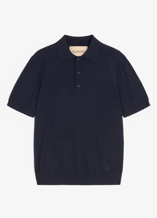 Valentino Garavani Fijngebreide regular fit polo van scheerwol - voorkant 6 donkerblauw