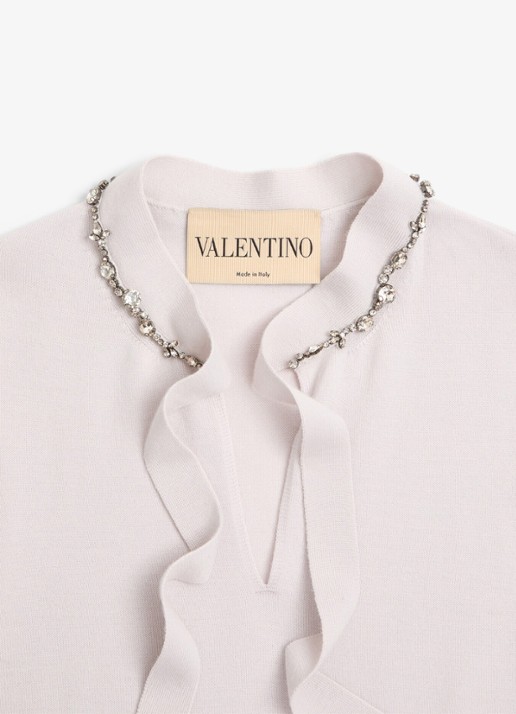Valentino Garavani Fijngebreide top van scheerwol met strikkraag en strass - detail 8 lichtgrijs
