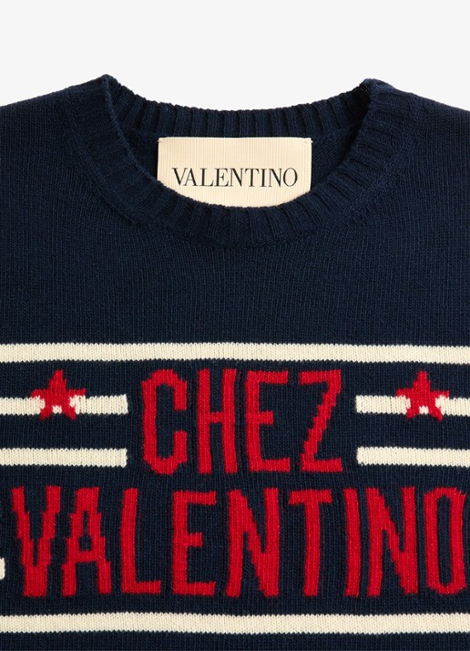 Valentino Garavani Fijngebreide trui van scheerwol met logo en streepprint - detail 3 donkerblauw