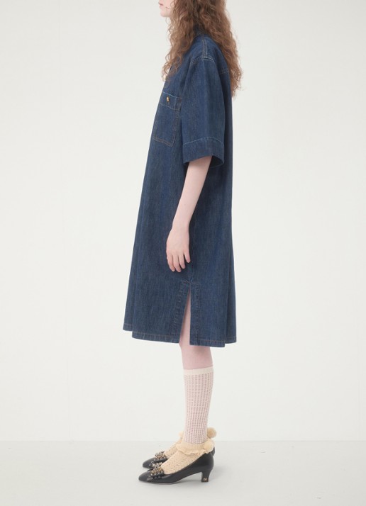 Valentino Garavani Midi blousejurk van denim met borstzakken - detail 4 indigo