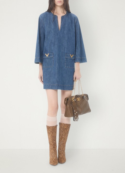 Valentino Garavani Mini tuniekjurk van chambray met opgestikte zakken - voorkant 3 indigo