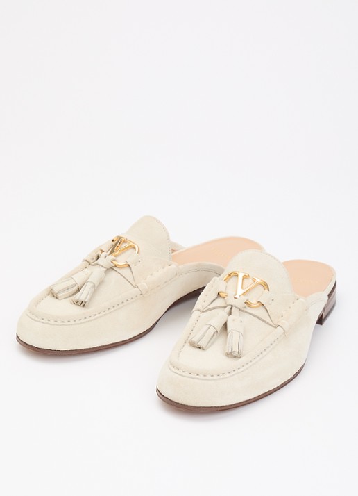 Valentino Garavani Muiltje van suède met franjes - detail beige