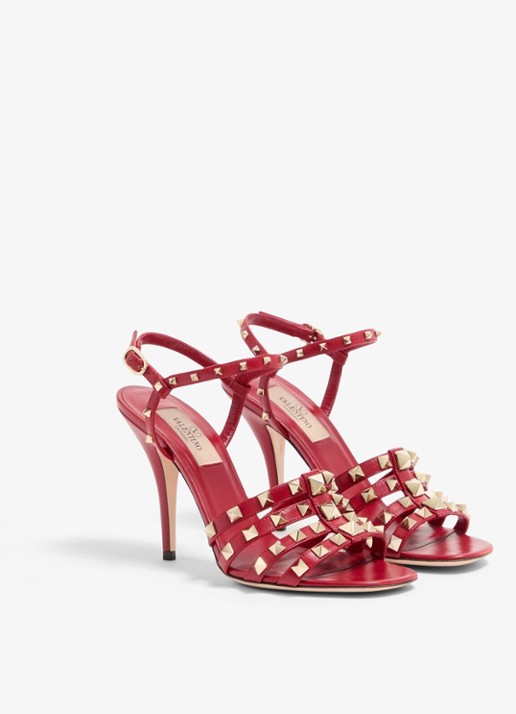 Valentino Garavani Rockstud sandalette van geitenleer met studs - voorkant 6 rood