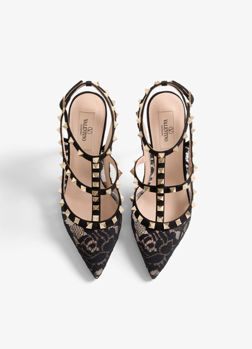 Valentino Garavani Rockstud sandalette van geitensuède met kant - detail 5 zwart