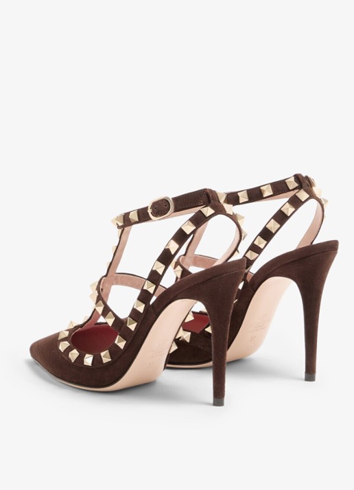 Valentino Garavani Rockstud sandalette van geitensuède met studs - achterkant donkerbruin