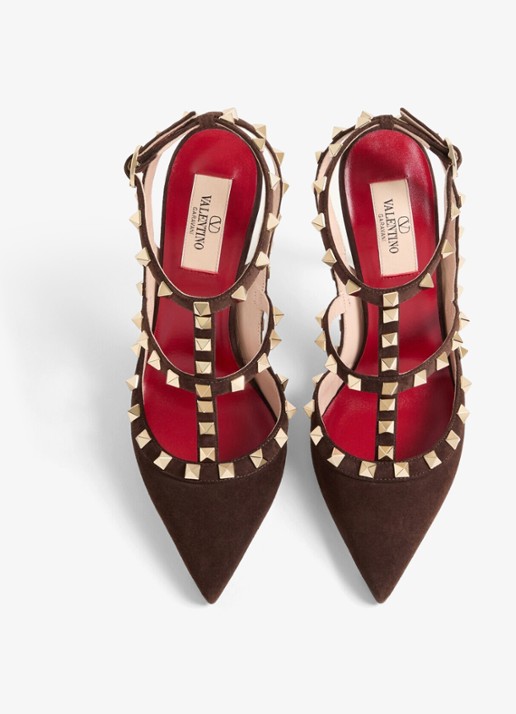 Valentino Garavani Rockstud sandalette van geitensuède met studs - detail 5 donkerbruin
