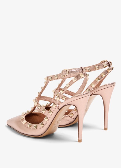 Valentino Garavani Rockstud sandalette van schapenleer met metallic finish en studs - achterkant 6 oudroze