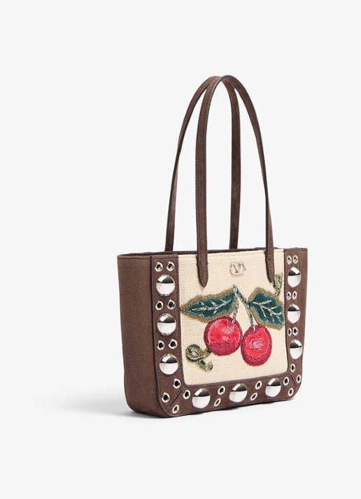 Valentino Garavani Shopper van suède met borduring - detail donkerbruin