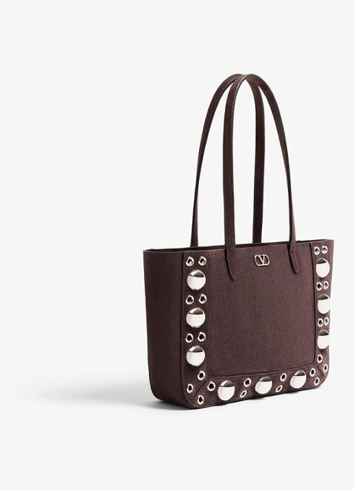 Valentino Garavani Shopper van suède met studs - detail donkerbruin